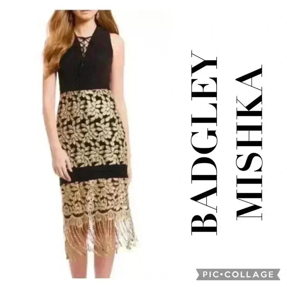 NWT Badgley Mischka Belle Willa Dress Black Gold Midi Formal Size 2